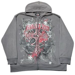 Vintage Y2K MMA Elite Skull Crosses Affliction Style Zip Hoodie Sweatshirt